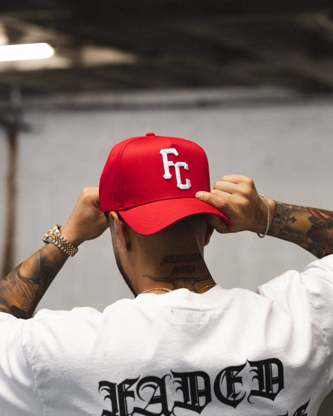 Black 5 panel FC 63 embroidered snapback hat #color_red