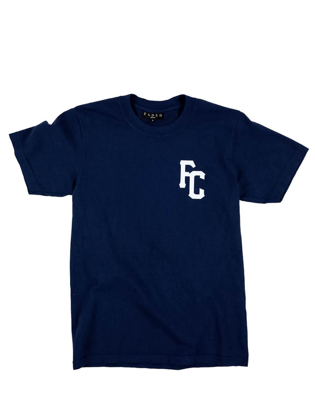 7.5 oz. Max heavyweight garment dye, FC Sport Navy oversized shirt with white print 